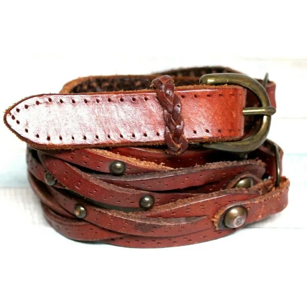 STUDDED BRAIDED BROWN GENUINE LEATHER 0.5"Wd CASUAL DRESS WOMEN'S BELT Sz M (T44